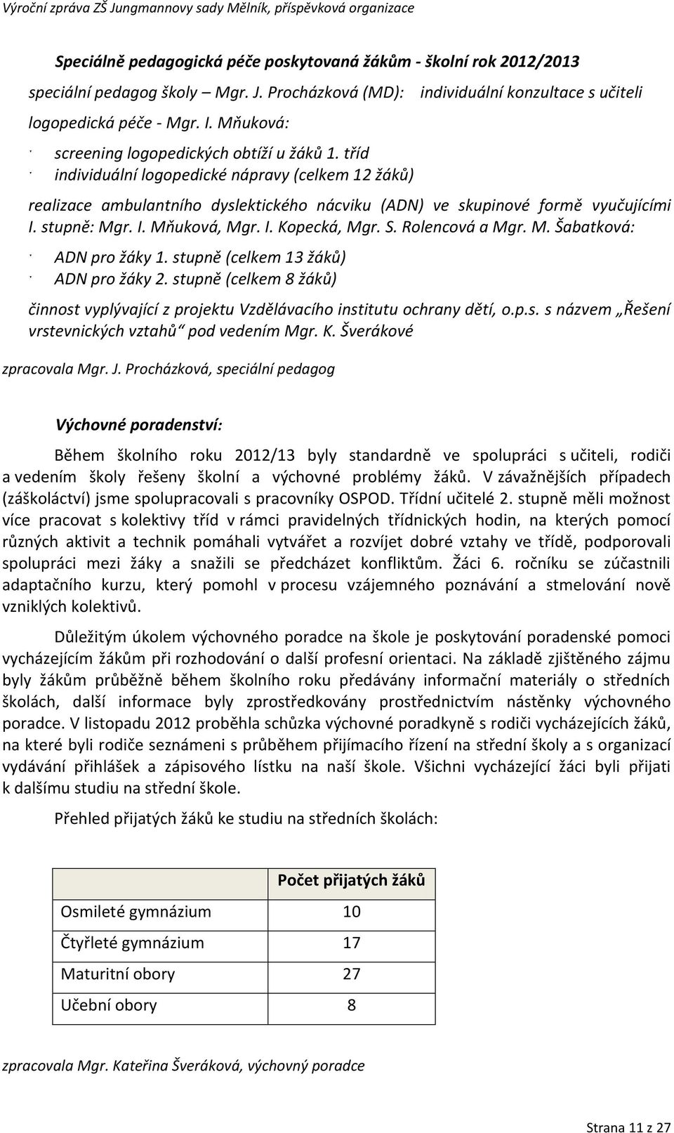 I. Kopecká, Mgr. S. Rolencová a Mgr. M. Šabatková: ADN pro žáky 1. stupně (celkem 13 žáků) ADN pro žáky 2. stupně (celkem 8 žáků) činnost vyplývající z projektu Vzdělávacího institutu ochrany dětí, o.