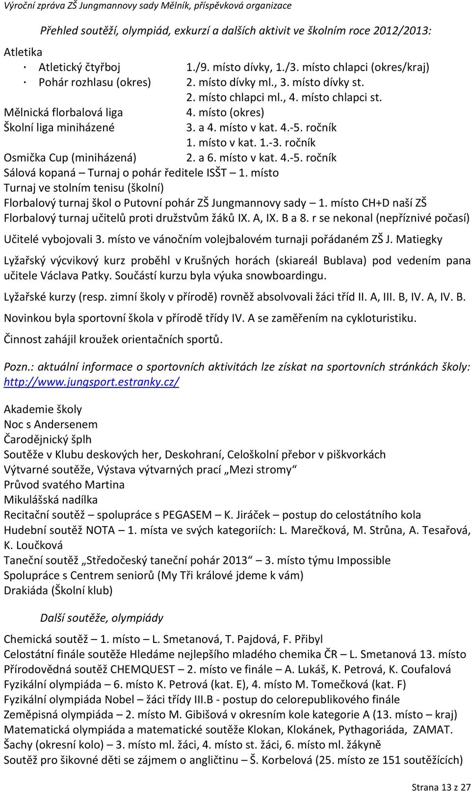 ročník Osmička Cup (miniházená) 2. a 6. místo v kat. 4.-5. ročník Sálová kopaná Turnaj o pohár ředitele ISŠT 1.