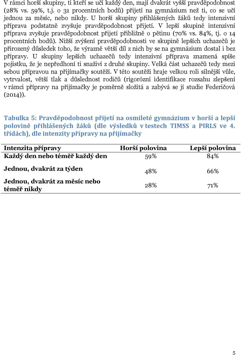 84%, tj. o 14 procentních bodů). Nižší zvýšení pravděpodobnosti ve skupině lepších uchazečů je přirozený důsledek toho, že výrazně větší díl z nich by se na gymnázium dostal i bez přípravy.