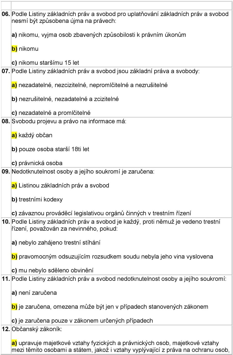 Podle Listiny základních práv a svobod jsou základní práva a svobody: a) nezadatelné, nezcizitelné, nepromlčitelné a nezrušitelné b) nezrušitelné, nezadatelné a zcizitelné c) nezadatelné a