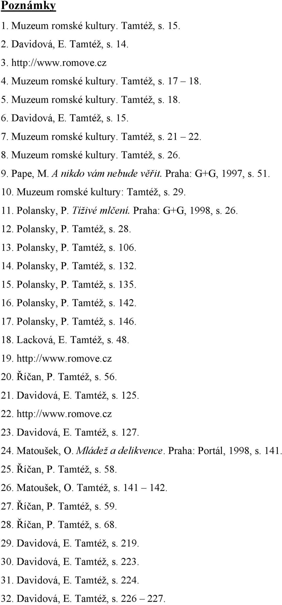 Muzeum romské kultury: Tamtéž, s. 29. 11. Polansky, P. Tíživé mlčení. Praha: G+G, 1998, s. 26. 12. Polansky, P. Tamtéž, s. 28. 13. Polansky, P. Tamtéž, s. 106. 14. Polansky, P. Tamtéž, s. 132. 15.