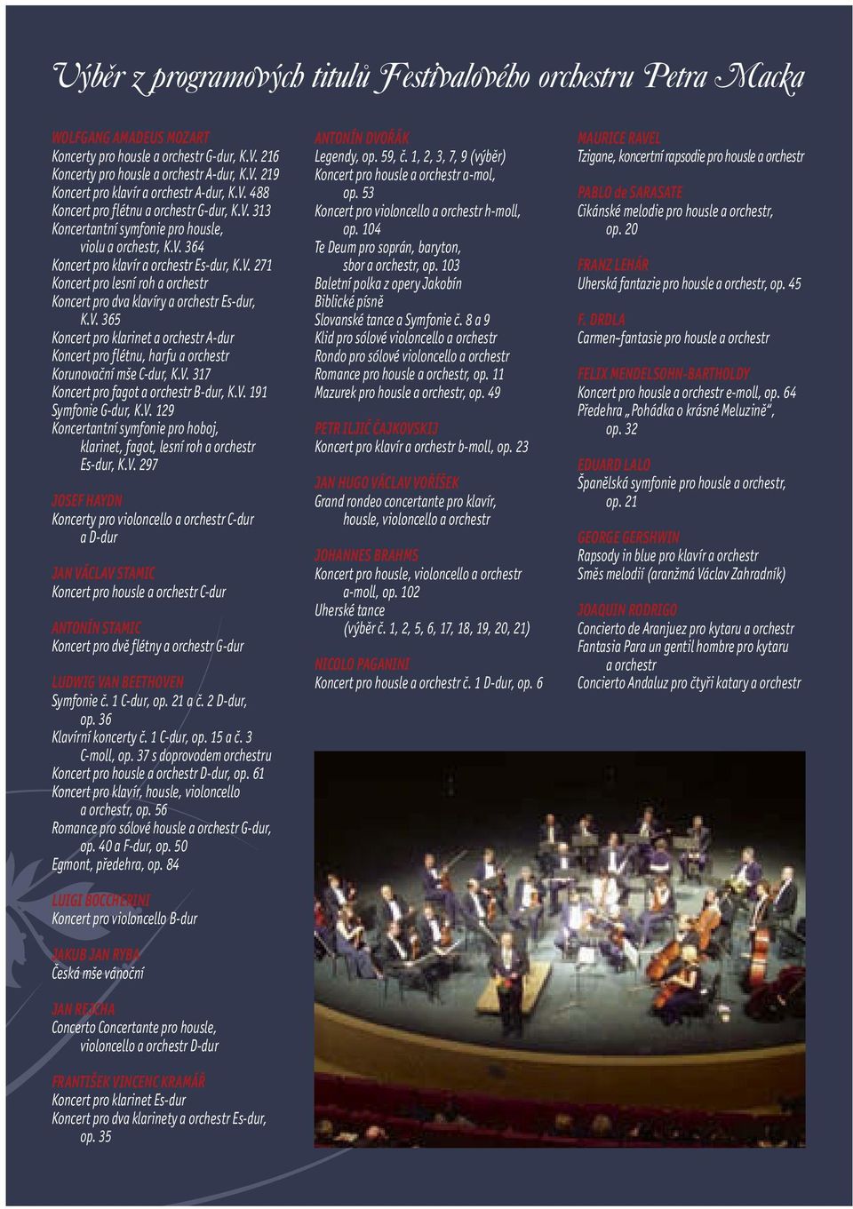 V. 365 Koncert pro klarinet a orchestr A-dur Koncert pro flétnu, harfu a orchestr Korunovační mše C-dur, K.V. 317 Koncert pro fagot a orchestr B-dur, K.V. 191 Symfonie G-dur, K.V. 129 Koncertantní symfonie pro hoboj, klarinet, fagot, lesní roh a orchestr Es-dur, K.