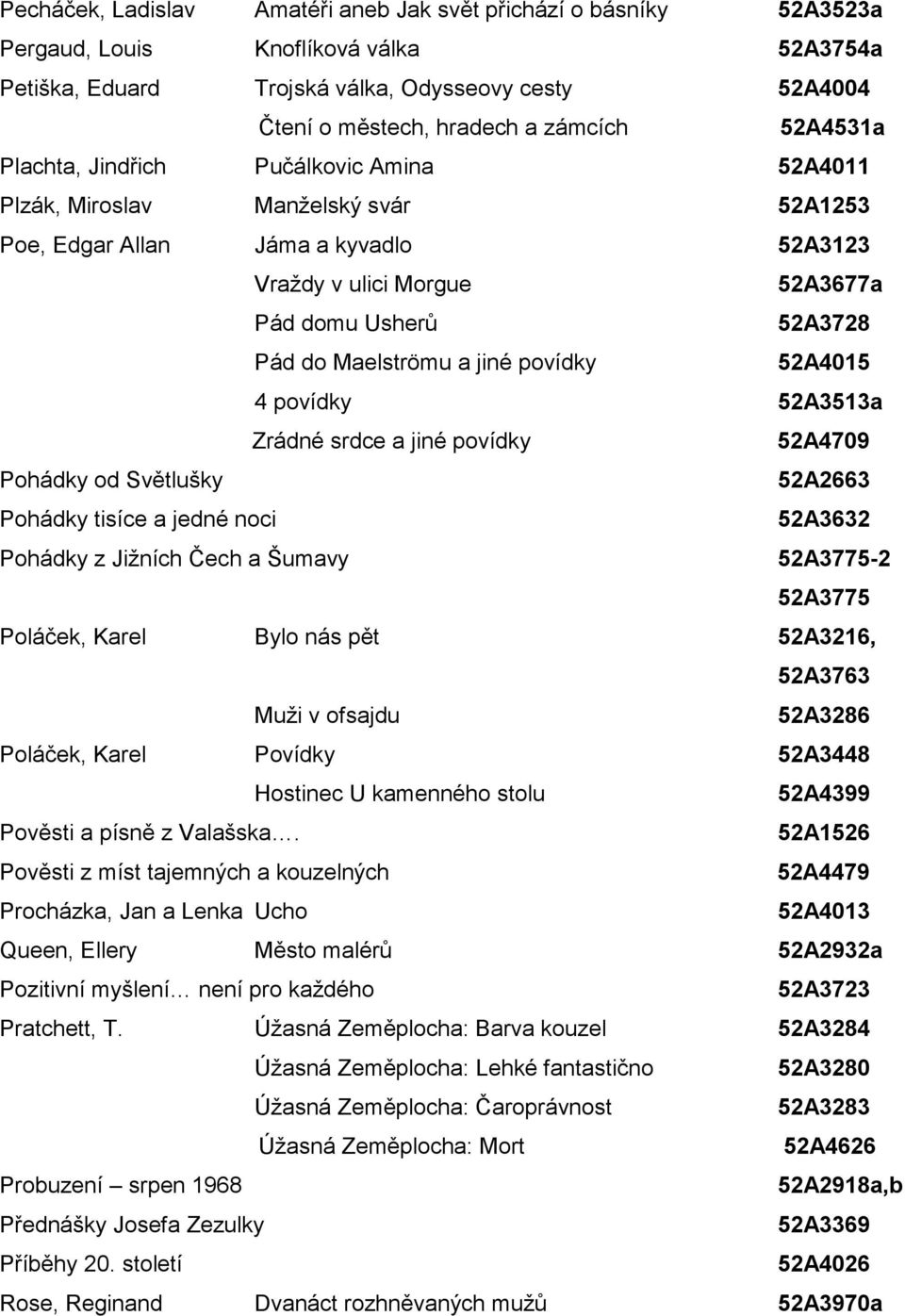 Maelströmu a jiné povídky 52A4015 4 povídky 52A3513a Zrádné srdce a jiné povídky 52A4709 Pohádky od Světlušky 52A2663 Pohádky tisíce a jedné noci 52A3632 Pohádky z Jižních Čech a Šumavy 52A3775-2