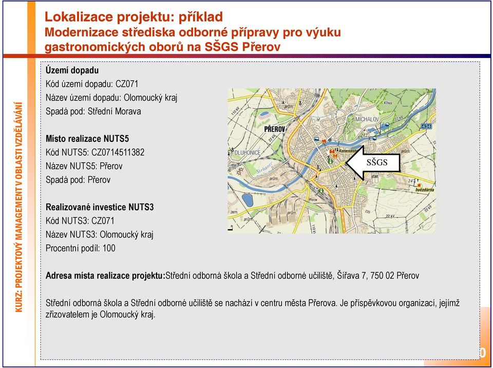 Kód NUTS3: CZ071 Název NUTS3: Olomoucký kraj Procentní podíl: 100 SŠGS Adresa místa realizace projektu:střední odborná škola a Střední odborné učiliště, Šířava 7,