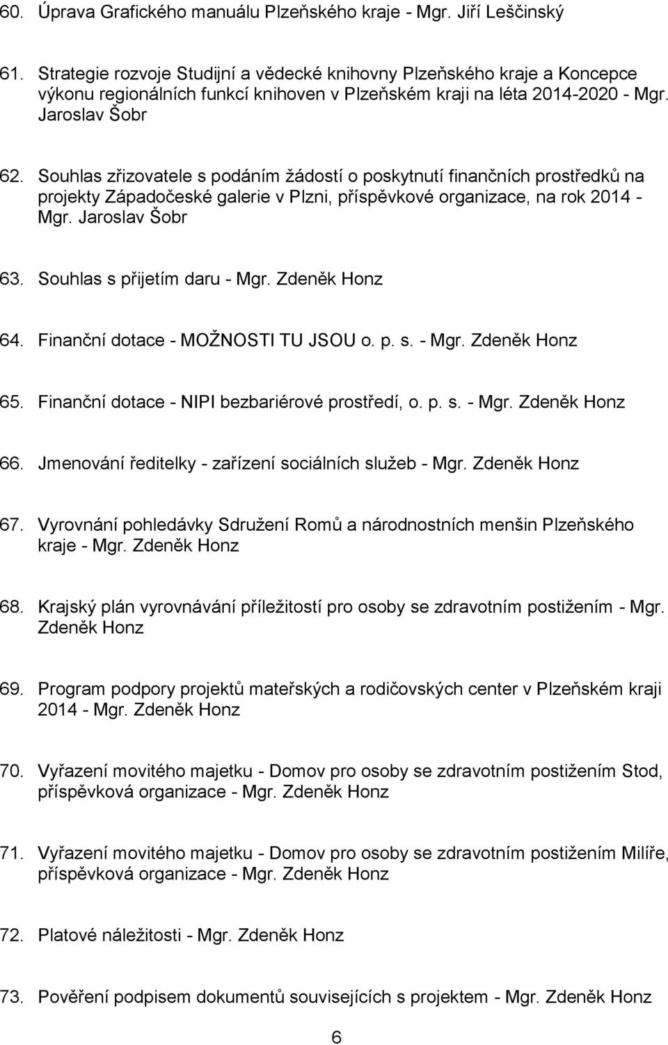 Souhlas zřizovatele s podáním žádostí o poskytnutí finančních prostředků na projekty Západočeské galerie v Plzni, příspěvkové organizace, na rok 2014 - Mgr. Jaroslav Šobr 63.