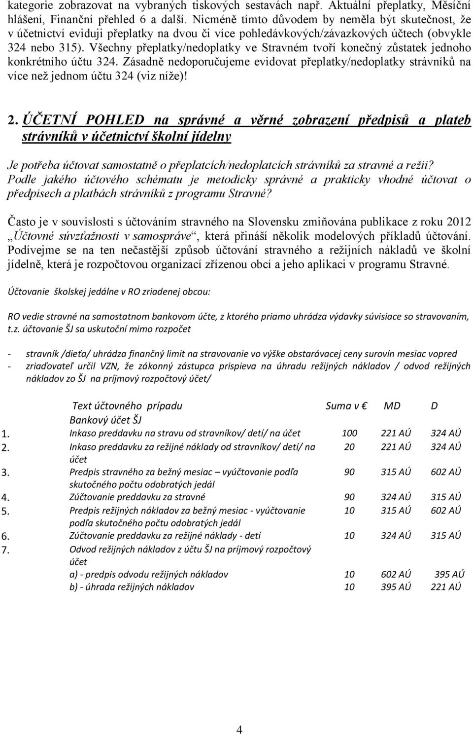 Všechny přeplatky/nedoplatky ve Stravném tvoří konečný zůstatek jednoho konkrétního účtu 324. Zásadně nedoporučujeme evidovat přeplatky/nedoplatky strávníků na více než jednom účtu 324 (viz níže)! 2.