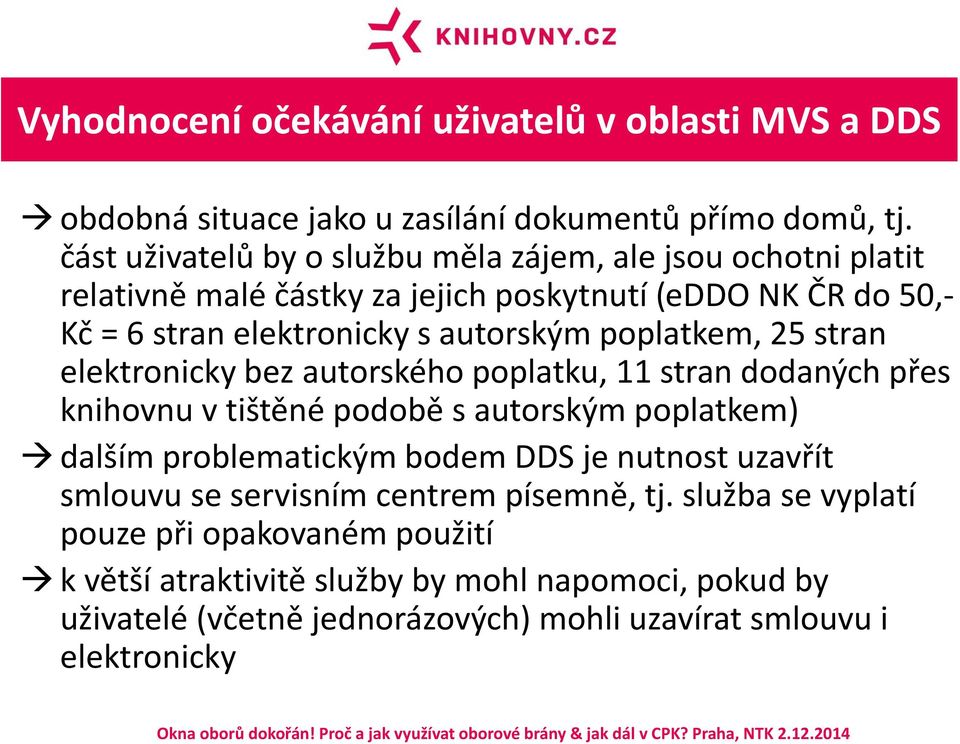 poplatkem, 25 stran elektronicky bez autorského poplatku, 11 stran dodaných přes knihovnu v tištěné podobě s autorským poplatkem) dalším problematickým bodem DDS je