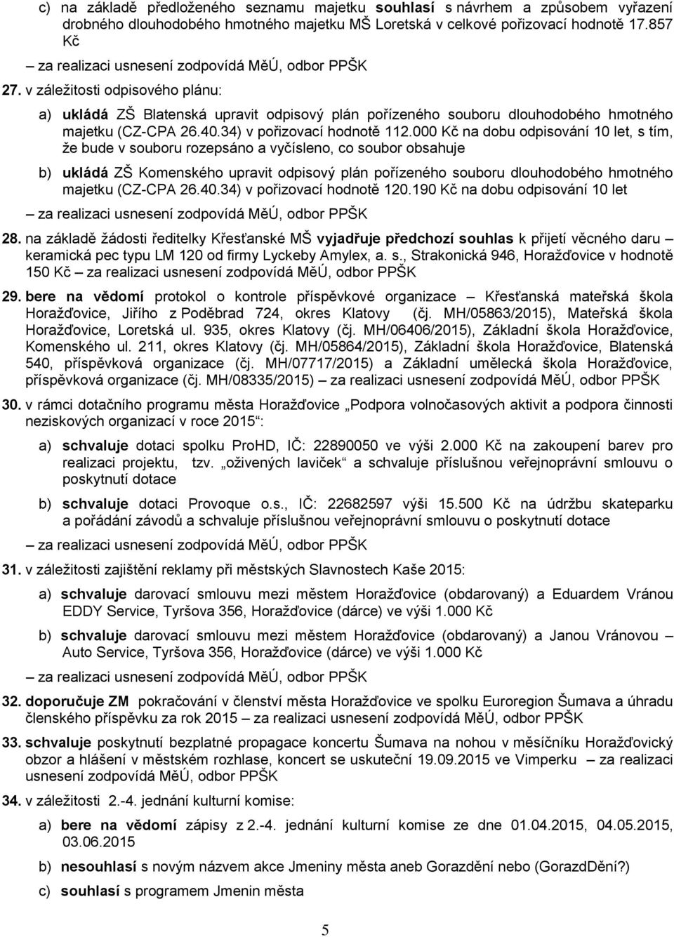 000 Kč na dobu odpisování 10 let, s tím, že bude v souboru rozepsáno a vyčísleno, co soubor obsahuje b) ukládá ZŠ Komenského upravit odpisový plán pořízeného souboru dlouhodobého hmotného majetku