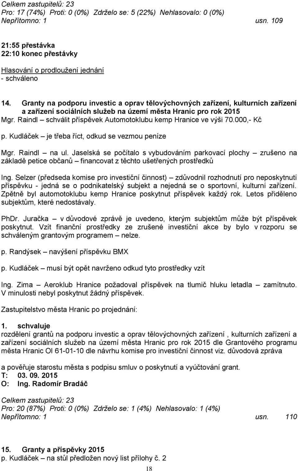 Raindl schválit příspěvek Automotoklubu kemp Hranice ve výši 70.000,- Kč p. Kudláček je třeba říct, odkud se vezmou peníze Mgr. Raindl na ul.