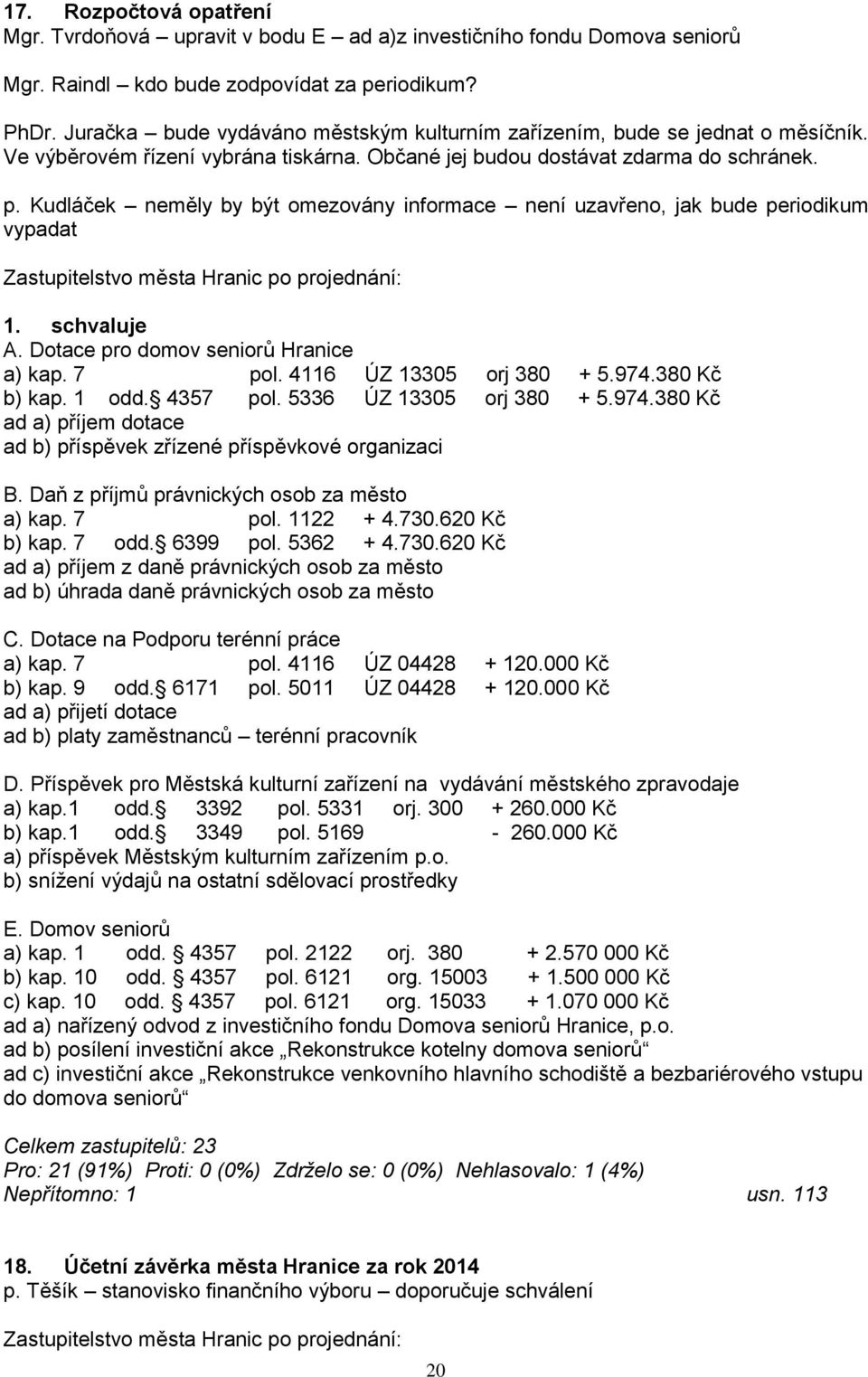 Kudláček neměly by být omezovány informace není uzavřeno, jak bude periodikum vypadat 1. schvaluje A. Dotace pro domov seniorů Hranice a) kap. 7 pol. 4116 ÚZ 13305 orj 380 + 5.974.380 Kč b) kap.