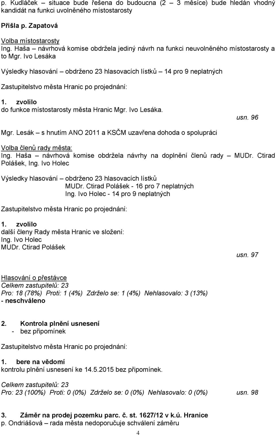 zvolilo do funkce místostarosty města Hranic Mgr. Ivo Lesáka. usn. 96 Mgr. Lesák s hnutím ANO 2011 a KSČM uzavřena dohoda o spolupráci Volba členů rady města: Ing.