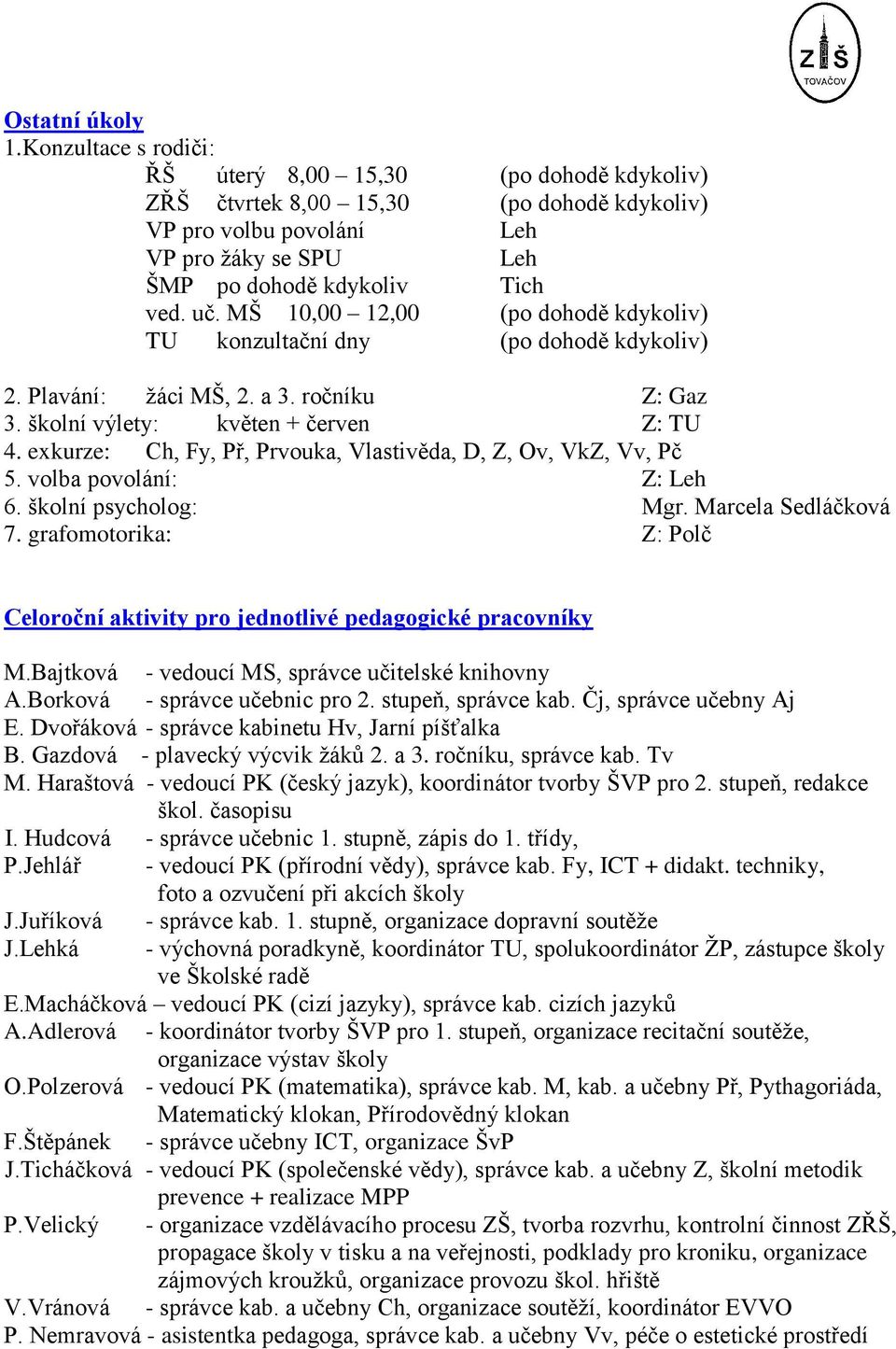 MŠ 10,00 12,00 (po dohodě kdykoliv) TU konzultační dny (po dohodě kdykoliv) 2. Plavání: žáci MŠ, 2. a 3. ročníku Z: Gaz 3. školní výlety: květen + červen Z: TU 4.