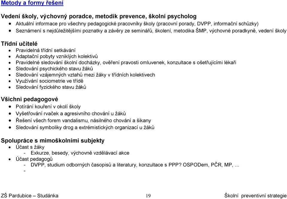 Pravidelné sledování školní docházky, ověření pravosti omluvenek, konzultace s ošetřujícími lékaři Sledování psychického stavu žáků Sledování vzájemných vztahů mezi žáky v třídních kolektivech