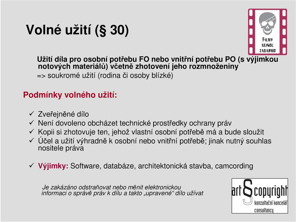 jehož vlastní osobní potřebě má a bude sloužit Účel a užití výhradně k osobní nebo vnitřní potřebě; jinak nutný souhlas nositele práva Výjimky: Software,