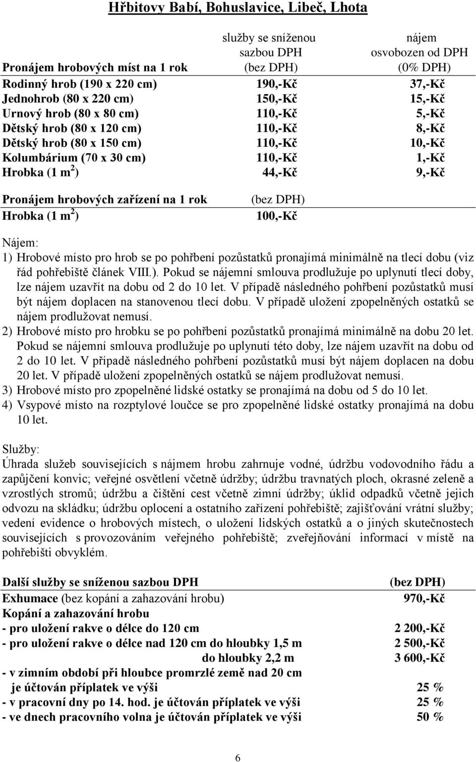 44,-Kč 9,-Kč Pronájem hrobových zařízení na 1 rok Hrobka (1 m 2 ) Nájem: 1) Hrobové místo pro hrob se po pohřbení pozůstatků pronajímá minimálně na tlecí dobu (viz řád pohřebiště článek VIII.). Pokud se nájemní smlouva prodlužuje po uplynutí tlecí doby, lze nájem uzavřít na dobu od 2 do 10 let.