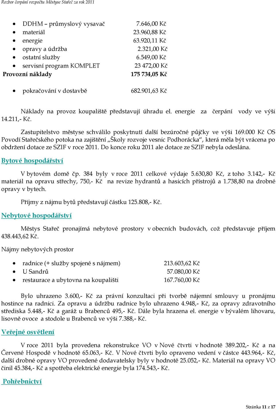 energie za čerpání vody ve výši 14.211,- Kč. Zastupitelstvo městyse schválilo poskytnutí další bezúročné půjčky ve výši 169.