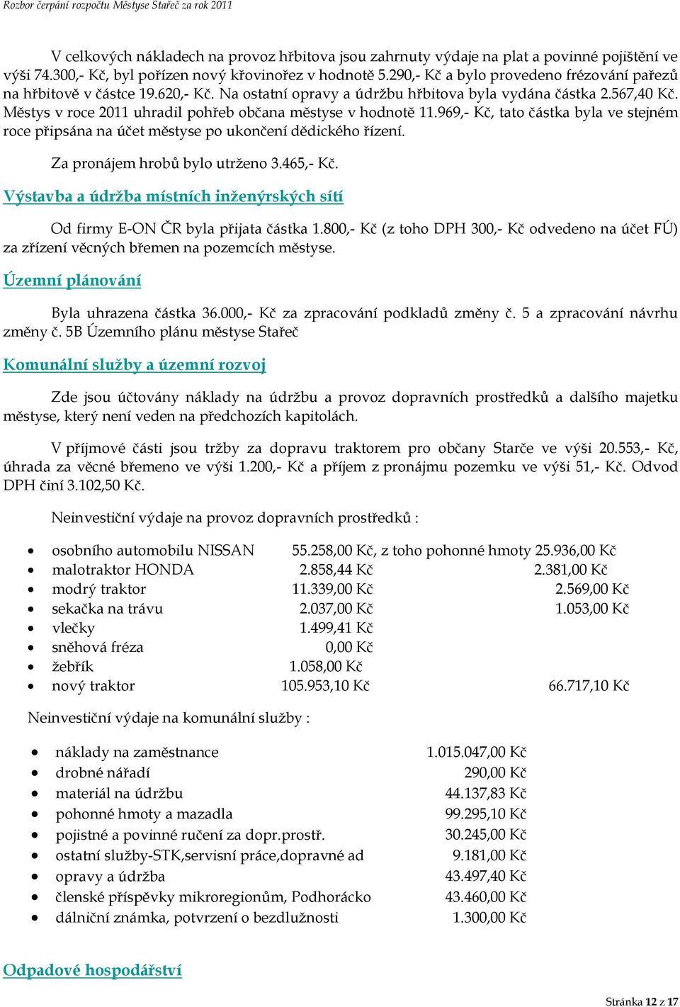 Městys v roce 2011 uhradil pohřeb občana městyse v hodnotě 11.969,- Kč, tato částka byla ve stejném roce připsána na účet městyse po ukončení dědického řízení. Za pronájem hrobů bylo utrženo 3.