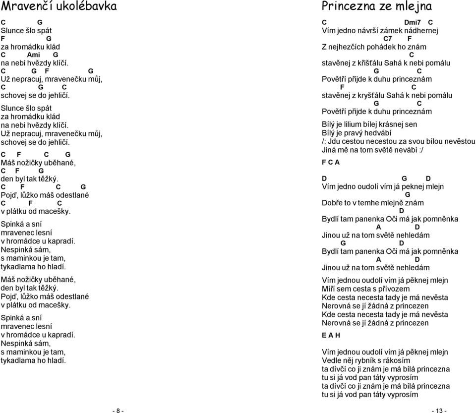 Nespinká sám, s maminkou je tam, tykadlama ho hladí. Máš nožičky uběhané, den byl tak těžký. Pojď, lůžko máš odestlané v plátku od macešky. Spinká a sní mravenec lesní v hromádce u kapradí.