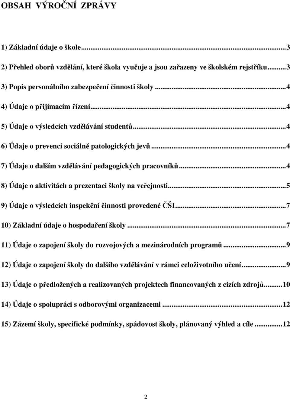 ..4 8) Údaje o aktivitách a prezentaci školy na veřejnosti...5 9) Údaje o výsledcích inspekční činnosti provedené ČŠI...7 10) Základní údaje o hospodaření školy.