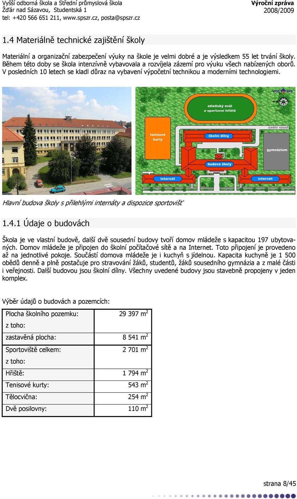 Hlavní budova školy s přilehlými internáty a dispozice sportovišť 1.4.1 Údaje o budovách Škola je ve vlastní budově, další dvě sousední budovy tvoří domov mládeže s kapacitou 197 ubytovaných.