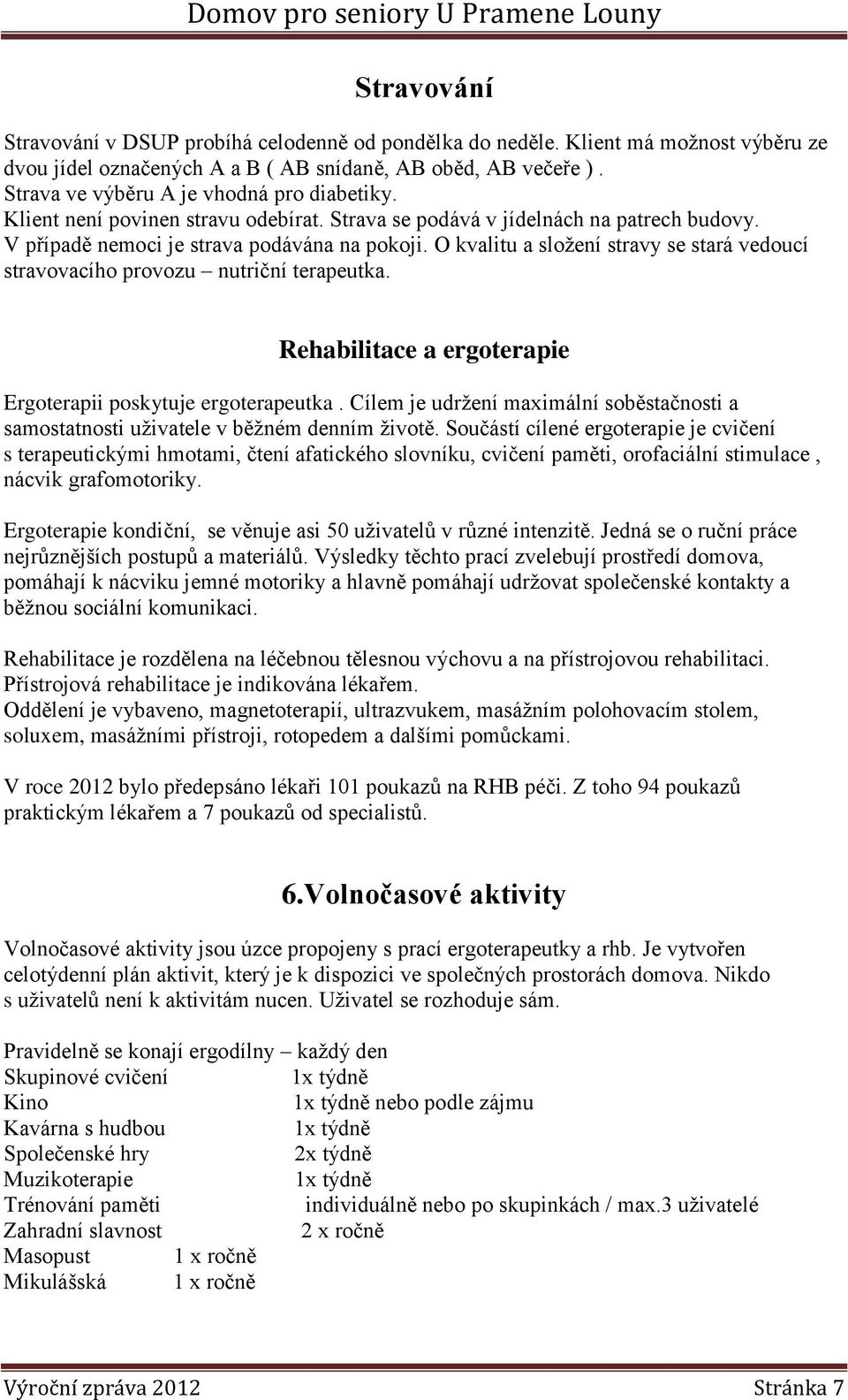 O kvalitu a složení stravy se stará vedoucí stravovacího provozu nutriční terapeutka. Rehabilitace a ergoterapie Ergoterapii poskytuje ergoterapeutka.