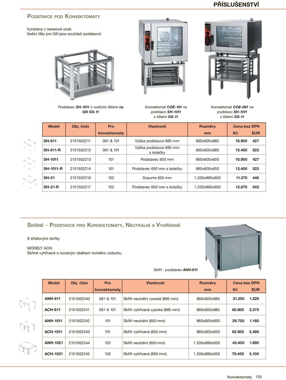 lištami GS-11 Model Obj. číslo Pro Vlastnosti Rozměry Cena bez DPH konvektomaty mm Kč EUR SH-611 2151502211 061 & 101 Výška podstavce 885 mm 860x605x885 10.