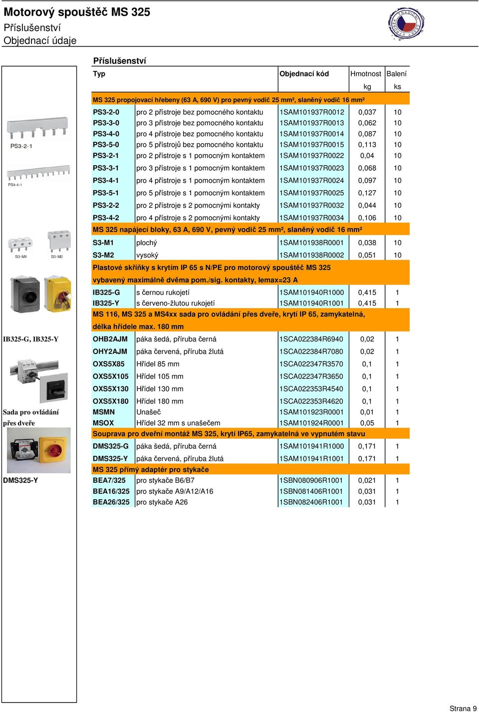 PS3-5-0 pro 5 pístroj bez pomocného kontaktu 1SAM101937R0015 0,113 10 PS3-2-1 pro 2 pístroje s 1 pomocným kontaktem 1SAM101937R0022 0,04 10 PS3-3-1 pro 3 pístroje s 1 pomocným kontaktem