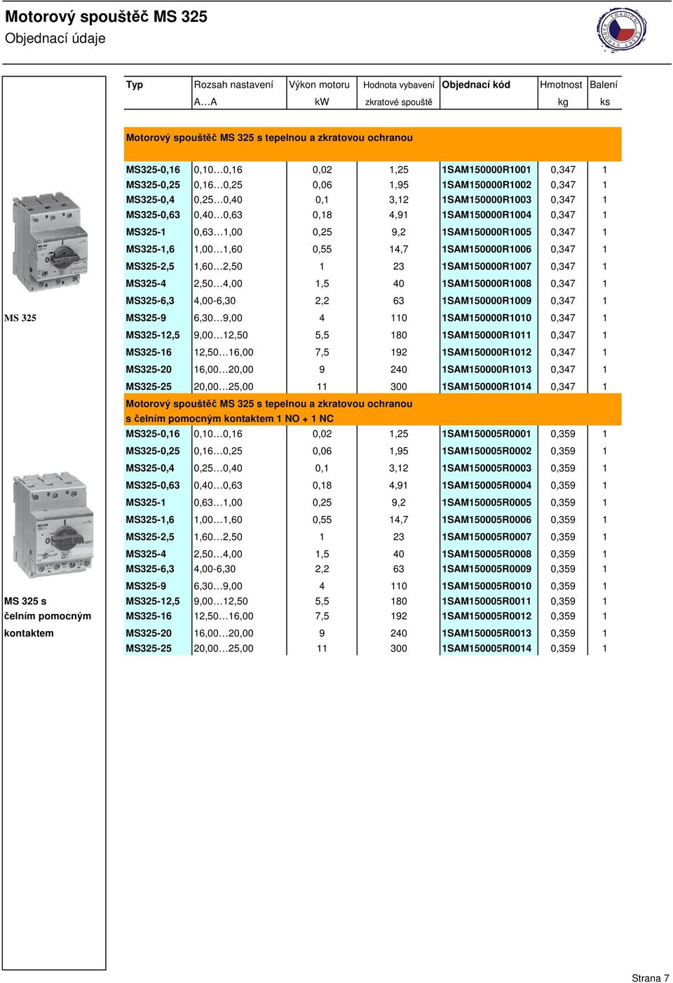 4,91 1SAM150000R1004 0,347 1 MS325-1 0,63 1,00 0,25 9,2 1SAM150000R1005 0,347 1 MS325-1,6 1,00 1,60 0,55 14,7 1SAM150000R1006 0,347 1 MS325-2,5 1,60 2,50 1 23 1SAM150000R1007 0,347 1 MS325-4 2,50