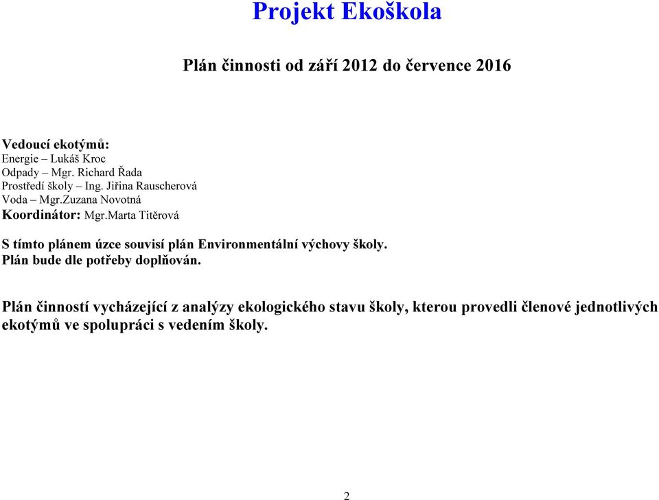 Marta Titěrová S tímto plánem úzce souvisí plán Environmentální výchovy školy. Plán bude dle potřeby doplňován.