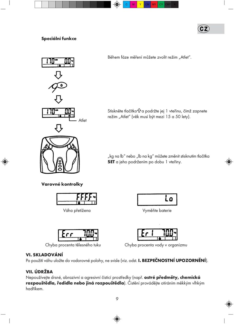 Varovné kontrolky Váha pøetížena Vymìòte baterie Váha pøetížena Vymìòte baterii Chyba Chyba procenta tìlesného tuku Chyba procenta vody v organizmu VI.