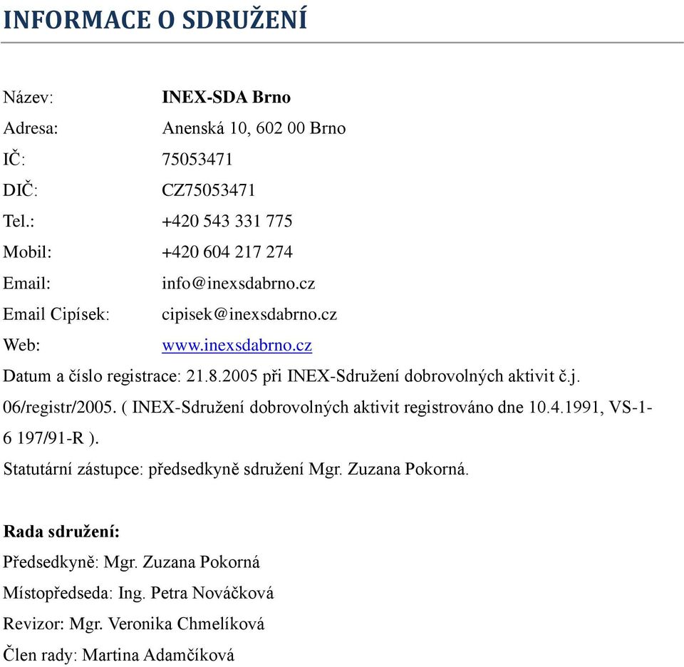 8.2005 při INEX-Sdružení dobrovolných aktivit č.j. 06/registr/2005. ( INEX-Sdružení dobrovolných aktivit registrováno dne 10.4.1991, VS-1-6 197/91-R ).