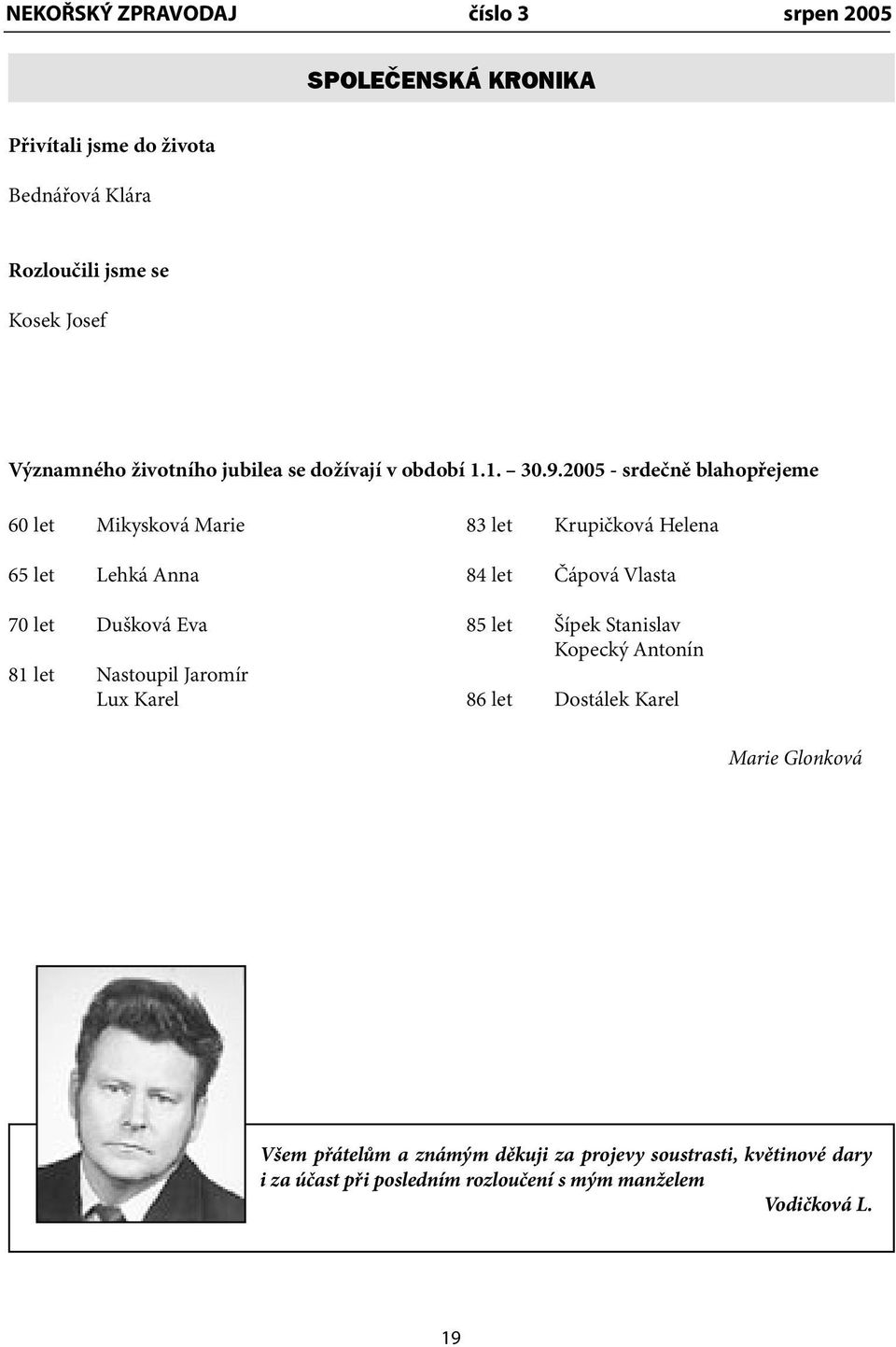 2005 - srdečně blahopřejeme 60 let Mikysková Marie 65 let Lehká Anna 70 let Dušková Eva 81 let Nastoupil Jaromír Lux Karel 83 let