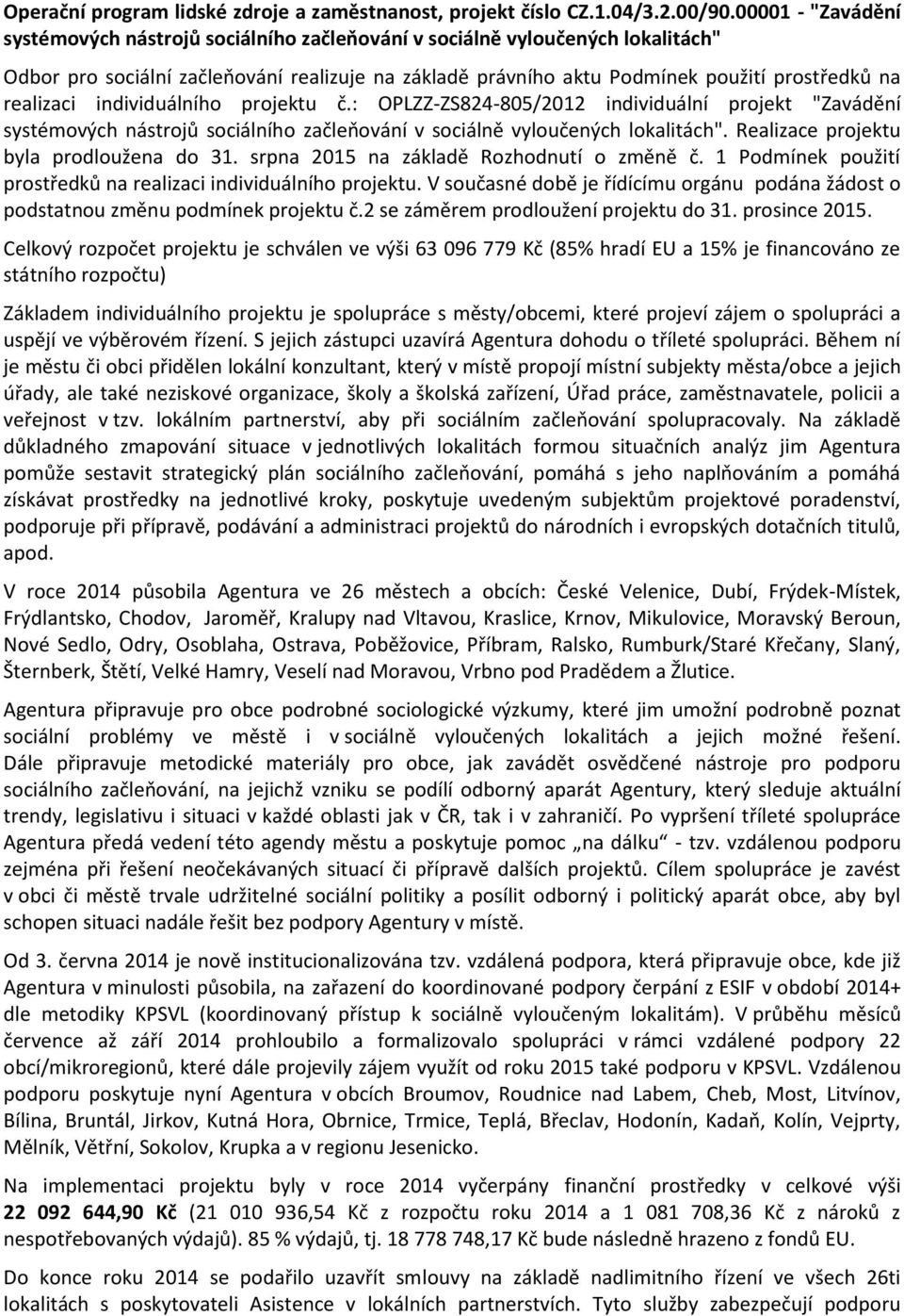 realizaci individuálního projektu č.: OPLZZ-ZS824-805/2012 individuální projekt "Zavádění systémových nástrojů sociálního začleňování v sociálně vyloučených lokalitách".