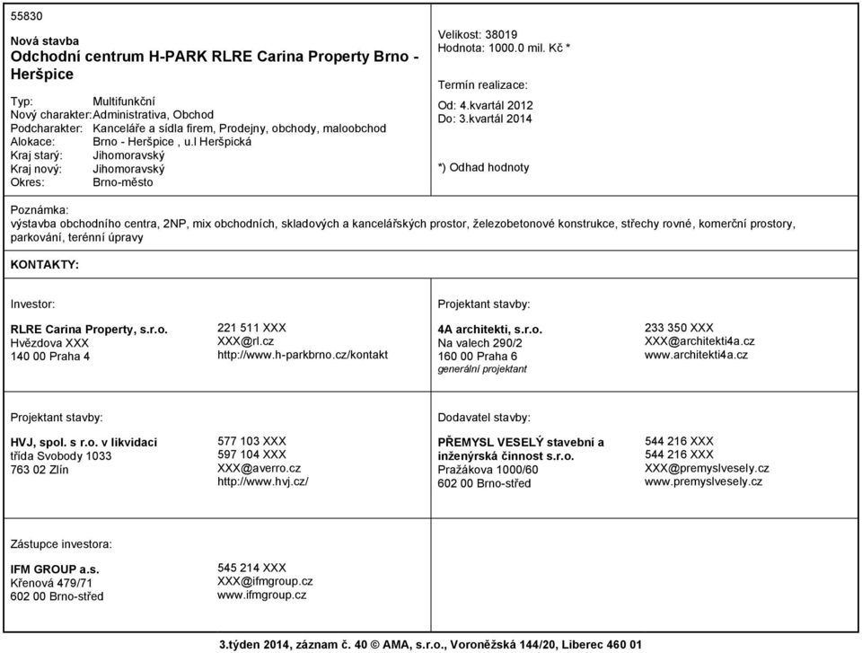 kvartál 2014 výstavba obchodního centra, 2NP, mix obchodních, skladových a kancelářských prostor, železobetonové konstrukce, střechy rovné, komerční prostory, parkování, terénní úpravy RLRE Carina