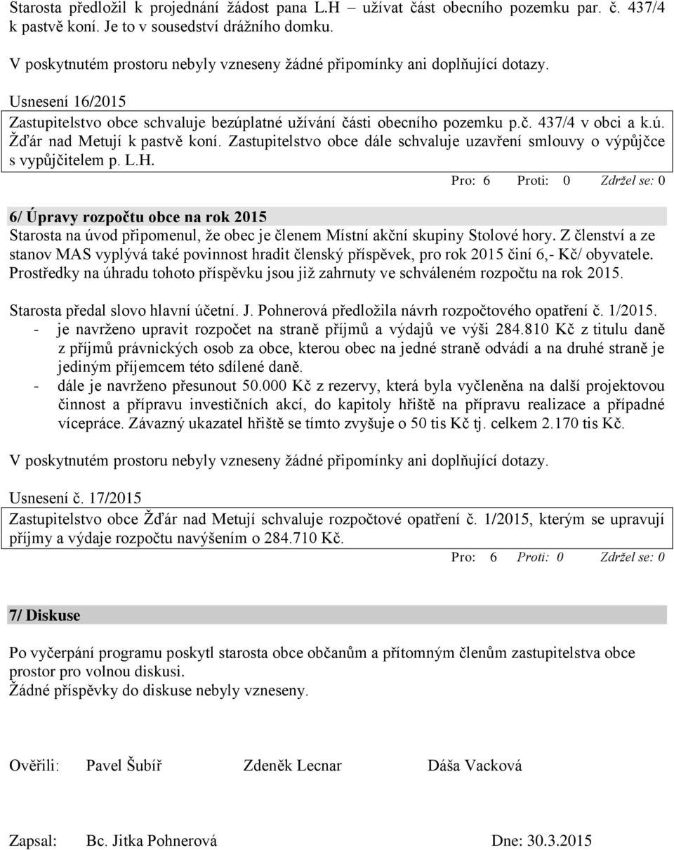 Zastupitelstvo obce dále schvaluje uzavření smlouvy o výpůjčce s vypůjčitelem p. L.H.