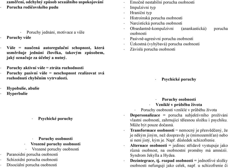 Hypobulie, abulie Hyperbulie Poruchy osobnosti Vrozené poruchy osobnosti Vrozené poruchy osobnosti Paranoidní porucha osobnosti Schizoidní porucha osobnosti Disociální porucha osobnosti Emočně