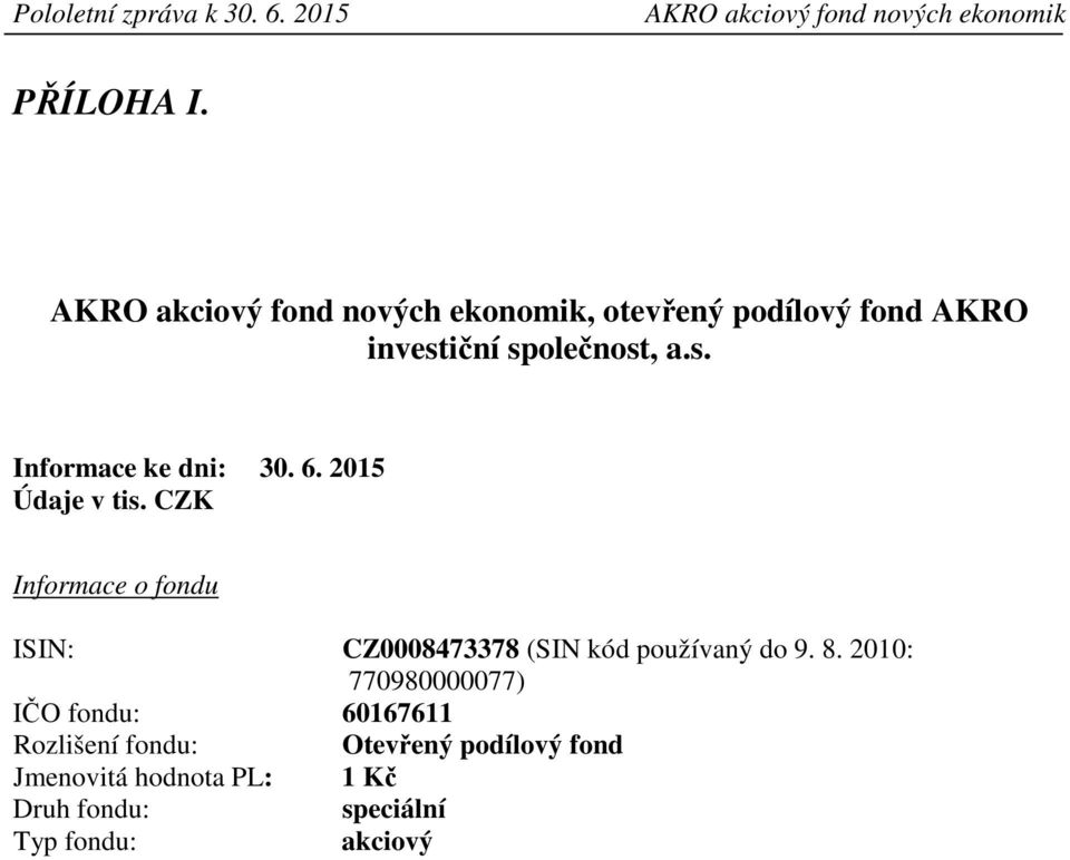 CZK Informace o fondu ISIN: CZ0008473378 (SIN kód používaný do 9. 8.