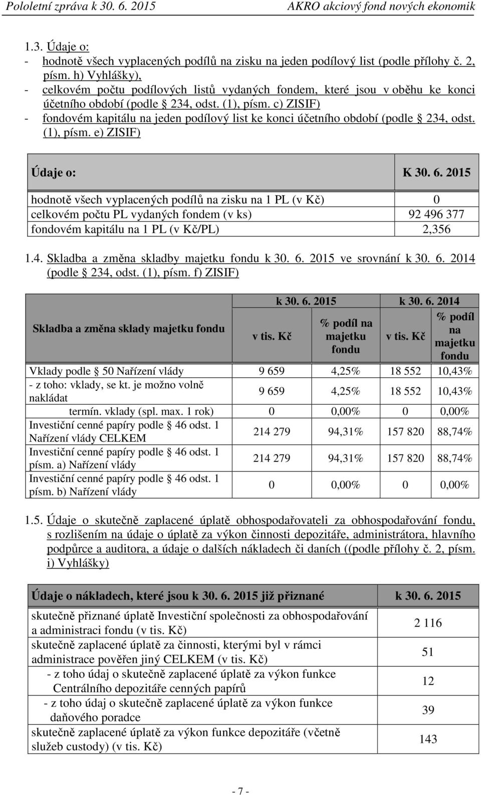 c) ZISIF) - fondovém kapitálu na jeden podílový list ke konci účetního období (podle 234, odst. (1), písm. e) ZISIF) Údaje o: K 30. 6.