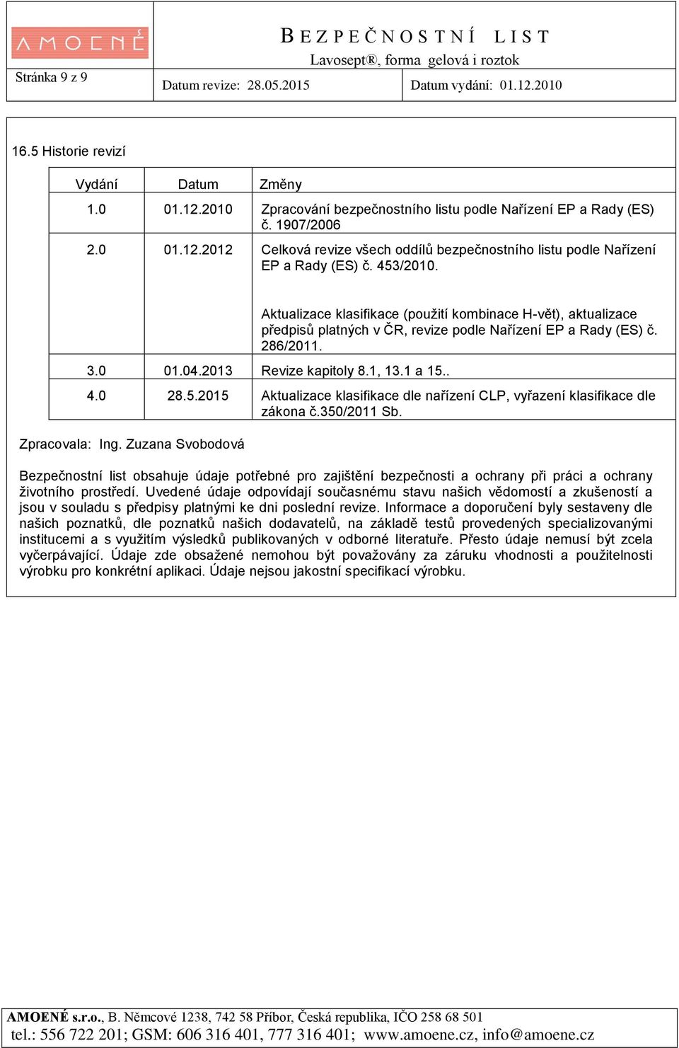 0 28.5.2015 Aktualizace klasifikace dle nařízení CLP, vyřazení klasifikace dle zákona č.350/2011 Sb. Zpracovala: Ing.