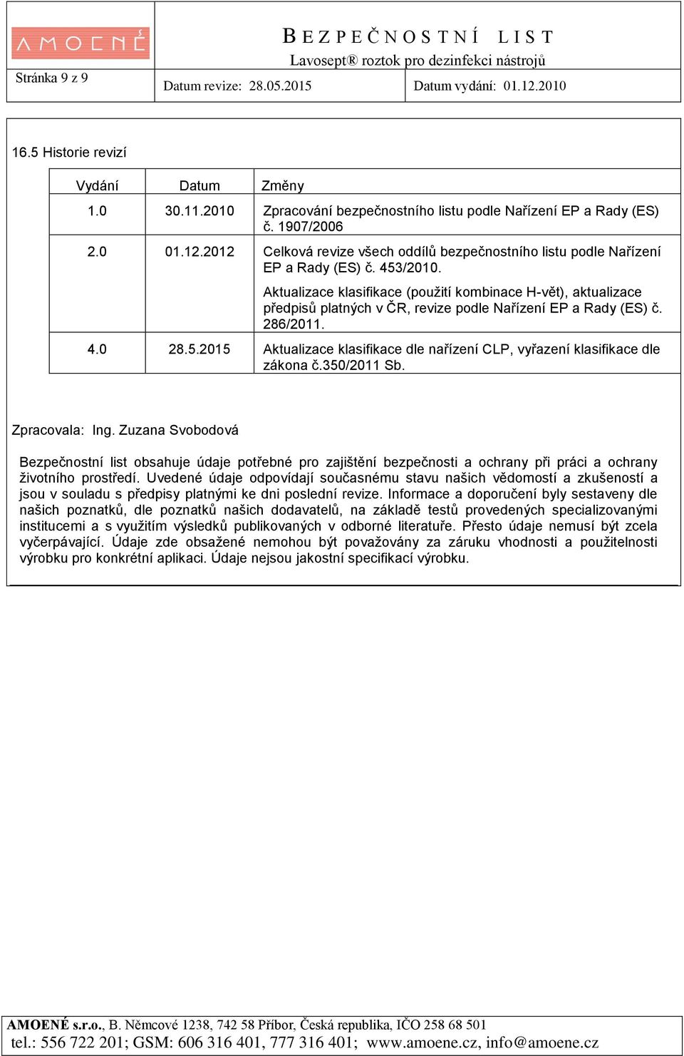 Aktualizace klasifikace (použití kombinace H-vět), aktualizace předpisů platných v ČR, revize podle Nařízení EP a Rady (ES) č. 286/2011. 4.0 28.5.