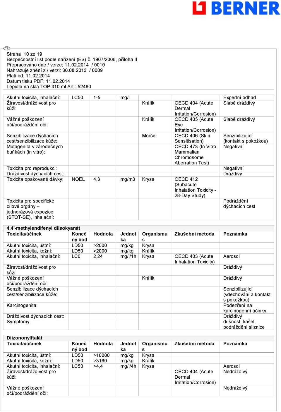 Vitro Mammalian Chromosome Aberration Test) Toxicita pro reprodukci: Dráždivost dýchacích cest: Toxicita opakované dávky: NOEL 4,3 mg/m3 Krysa OECD 412 (Subacute Inhalation Toxicity - 28-Day Study)