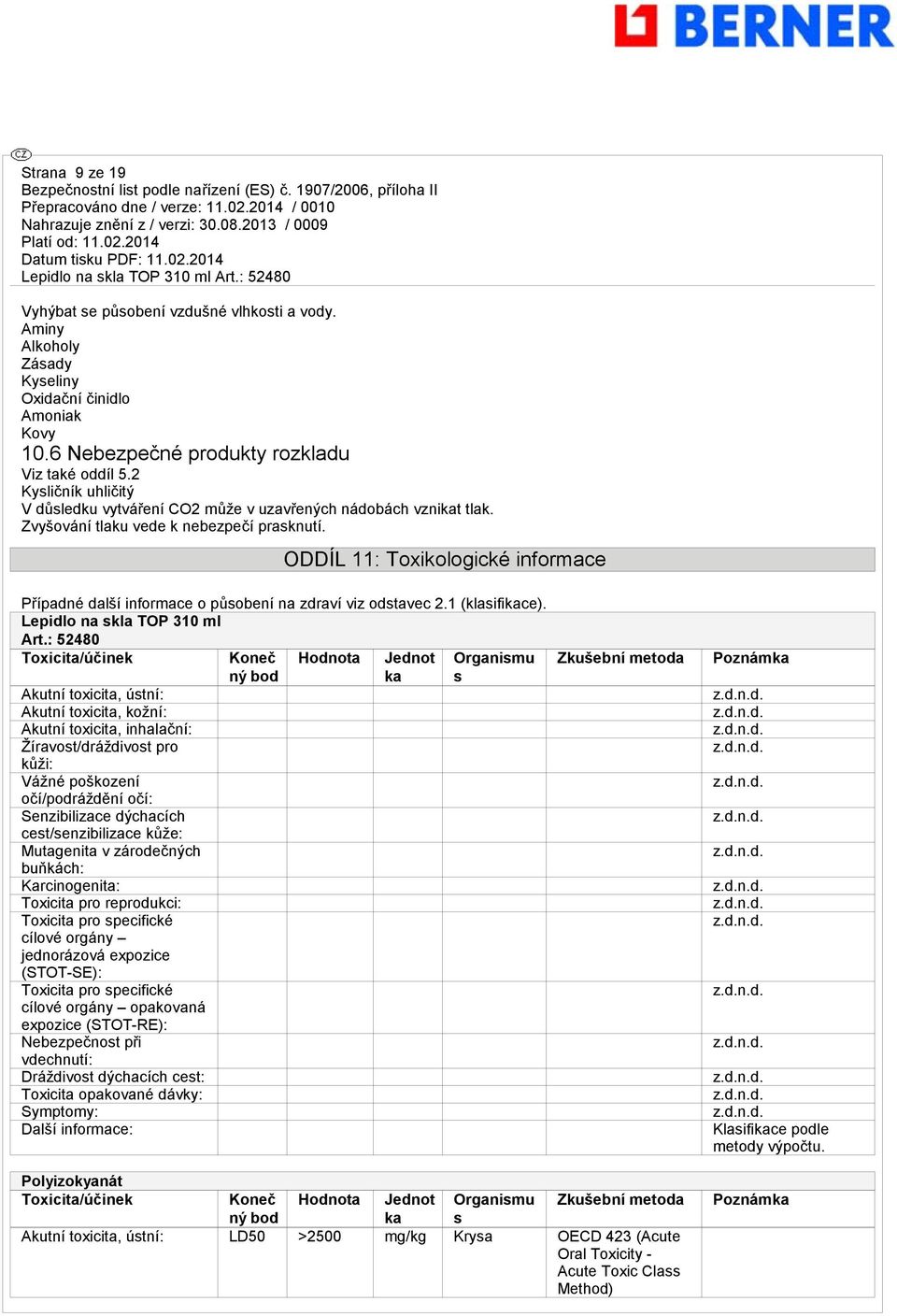 ODDÍL 11: Toxikologické informace Případné další informace o působení na zdraví viz odstavec 2.1 (klasifikace). Lepidlo na skla TOP 310 ml Art.