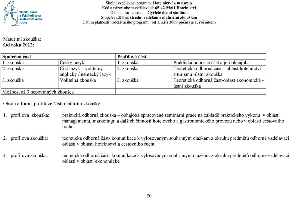 zkouška Praktická odborná část a její obhajoba 2. zkouška Cizí jazyk volitelný anglický / německý jazyk 2. zkouška Teoretická odborná část oblast hotelnictví a turismu -ústní zkouška 3.