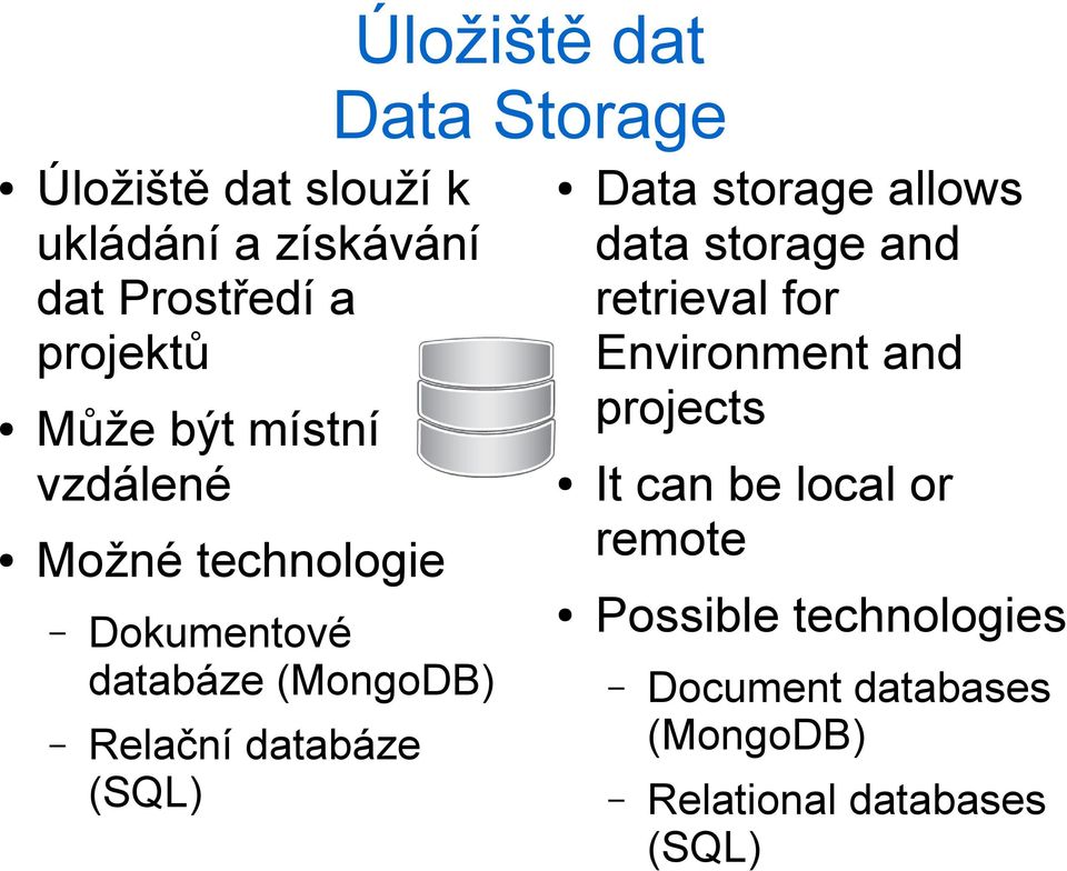 Storage Data storage allows data storage and retrieval for Environment and projects It can