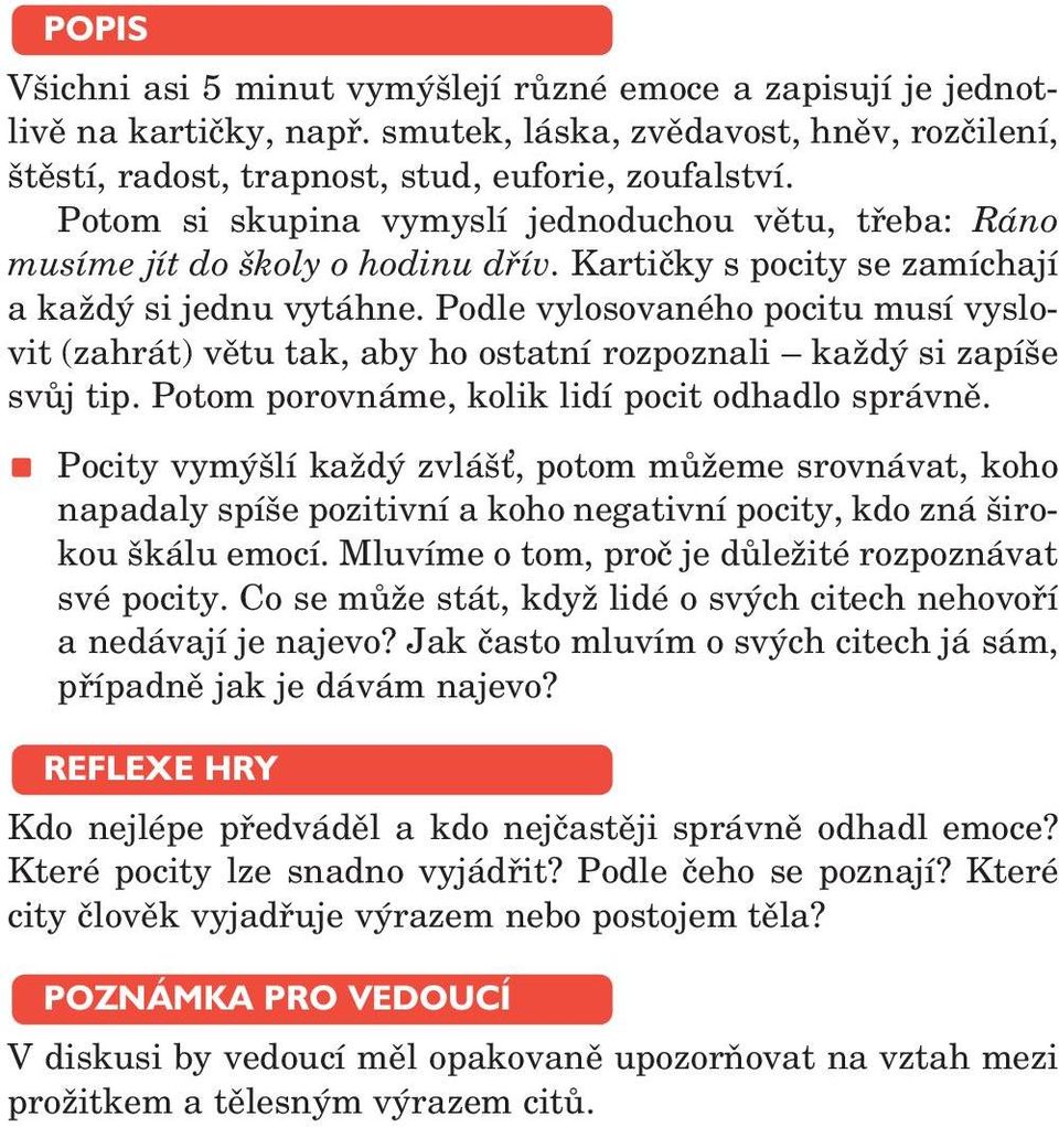 Podle vylosovaného pocitu musí vyslovit (zahrát) větu tak, aby ho ostatní rozpoznali každý si zapíše svůj tip. Potom porovnáme, kolik lidí pocit odhadlo správně.