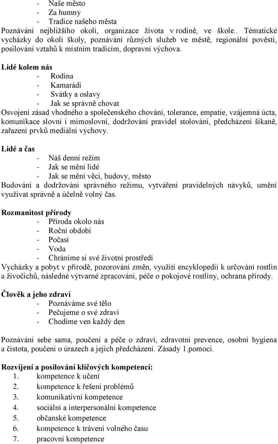 Lidé kolem nás - Rodina - Kamarádi - Svátky a oslavy - Jak se správně chovat Osvojení zásad vhodného a společenského chování, tolerance, empatie, vzájemná úcta, komunikace slovní i mimoslovní,