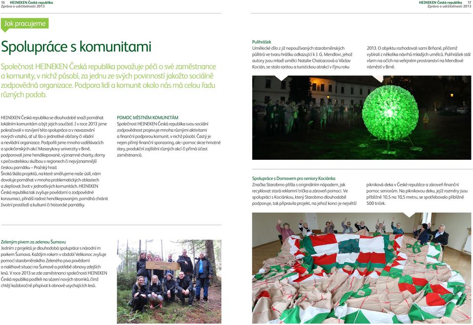 17 Jak pracujeme Spolupráce s komunitami Společnost HEINEKEN Česká republika považuje péči o své zaměstnance a komunity, v nichž působí, za jednu ze svých povinností jakožto sociálně zodpovědná