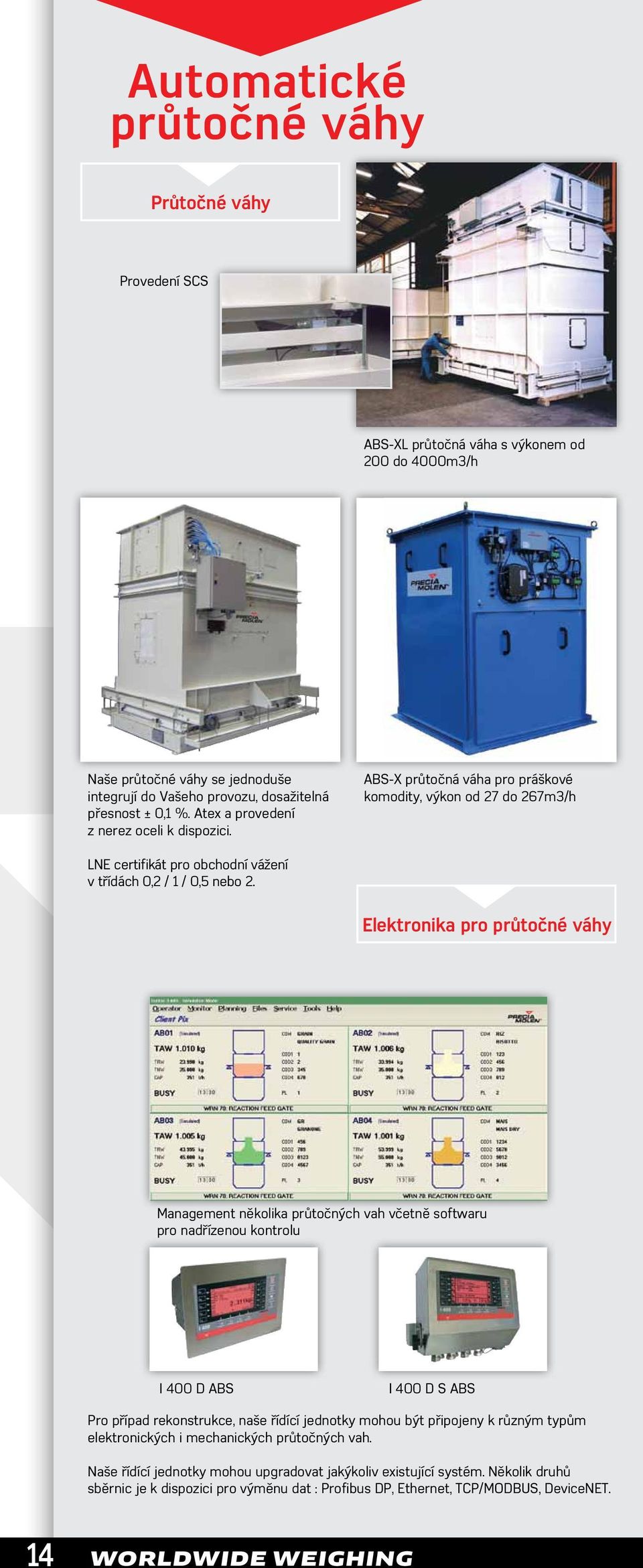 Elektronika pro průtočné váhy Management několika průtočných vah včetně softwaru pro nadřízenou kontrolu I 400 D ABS I 400 D S ABS Pro případ rekonstrukce, naše řídící jednotky mohou být připojeny k