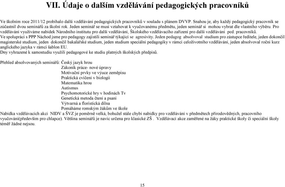 Pro vzdělávání využíváme nabídek Národního institutu pro další vzdělávání, Školského vzdělávacího zařízení pro další vzdělávání ped. pracovníků.