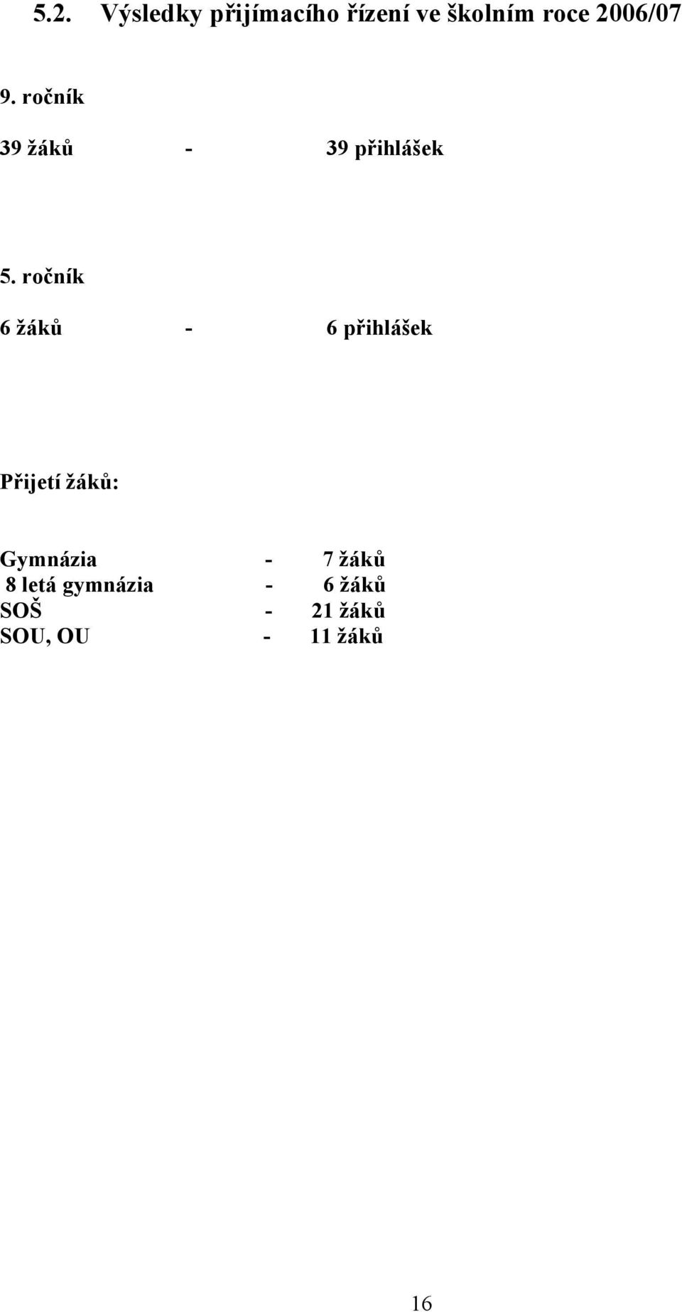 ročník 6 žáků - 6 přihlášek Přijetí žáků: Gymnázia -